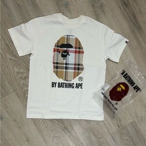 Bape White Tee with Plaid Ape Logo